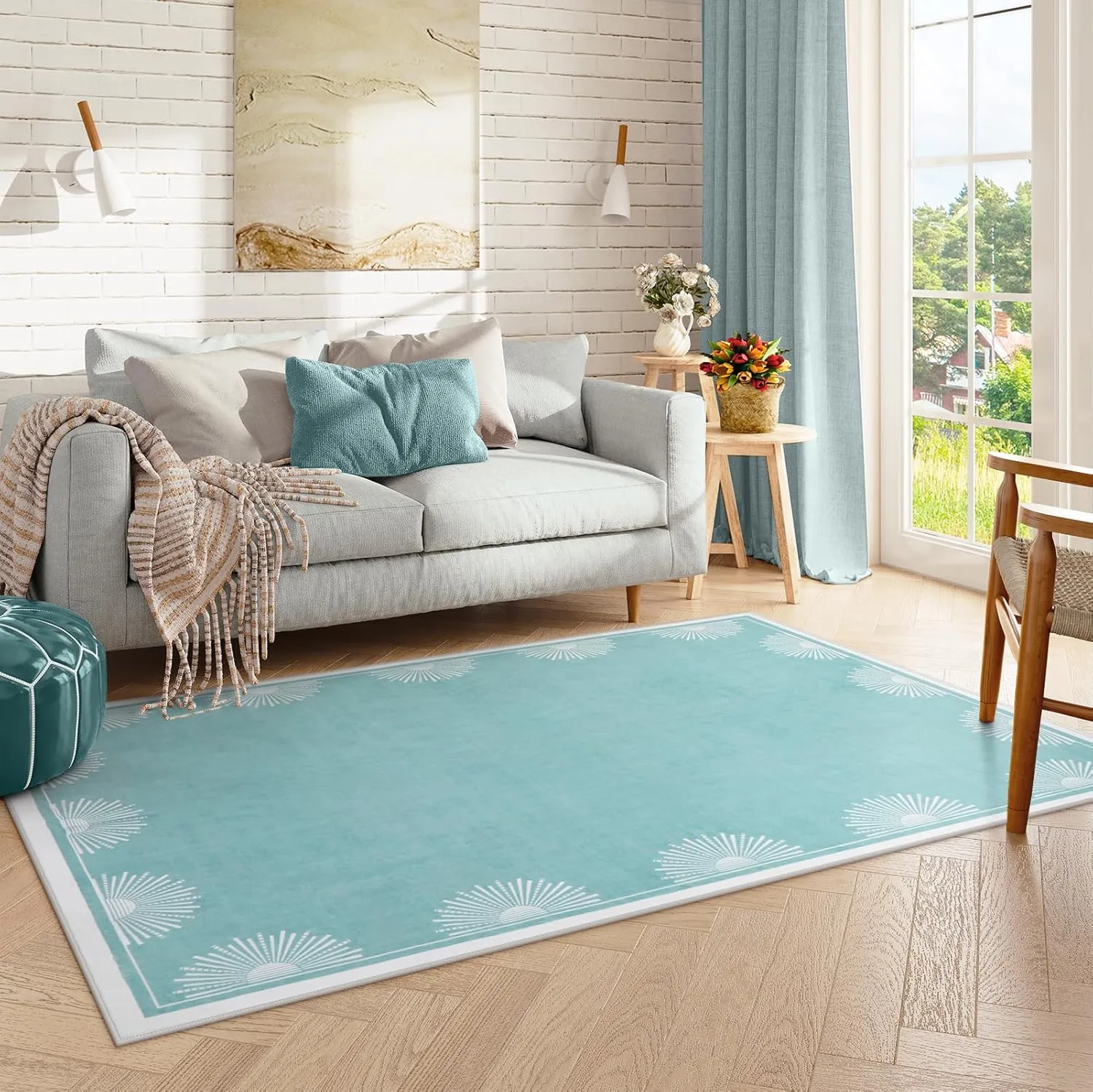 Modern Washable Bedroom Rugs 5x7, Low Pile Soft Teal Rug for Living Room, Aqua Sun Printed Dining Room Rugs for Under Table Throw Carpets for Nursery Kids Room(5'x7',Teal)