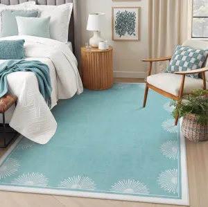 Modern Washable Bedroom Rugs 5x7, Low Pile Soft Teal Rug for Living Room, Aqua Sun Printed Dining Room Rugs for Under Table Throw Carpets for Nursery Kids Room(5'x7',Teal)