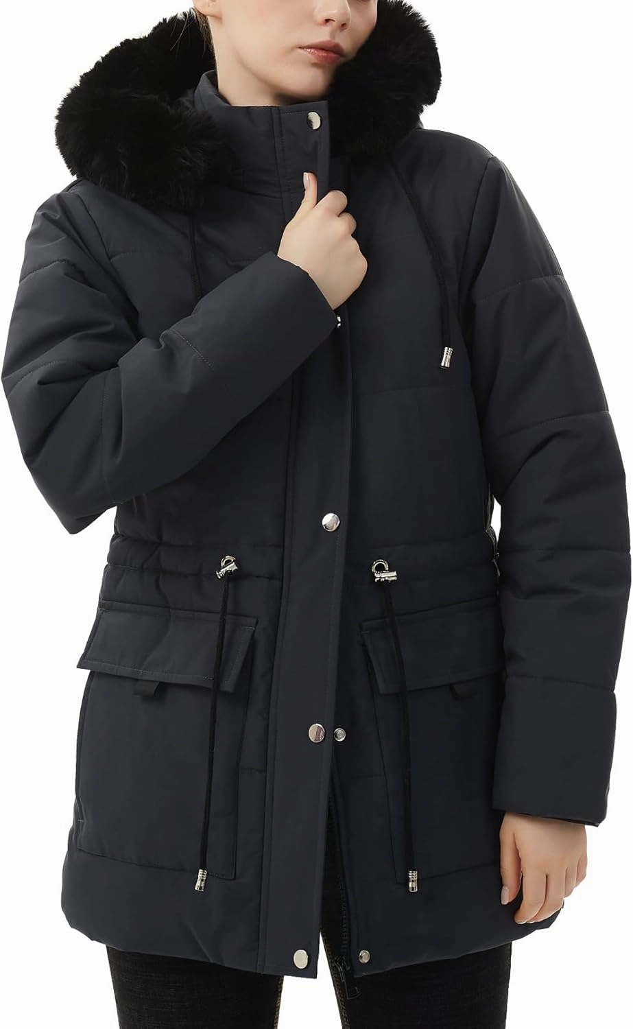 MOERDENG Women's Warm Winter Puffer Coat Thicken Fleece Lined Down Jacket Faux Fur Detachable Hood Snow Parka