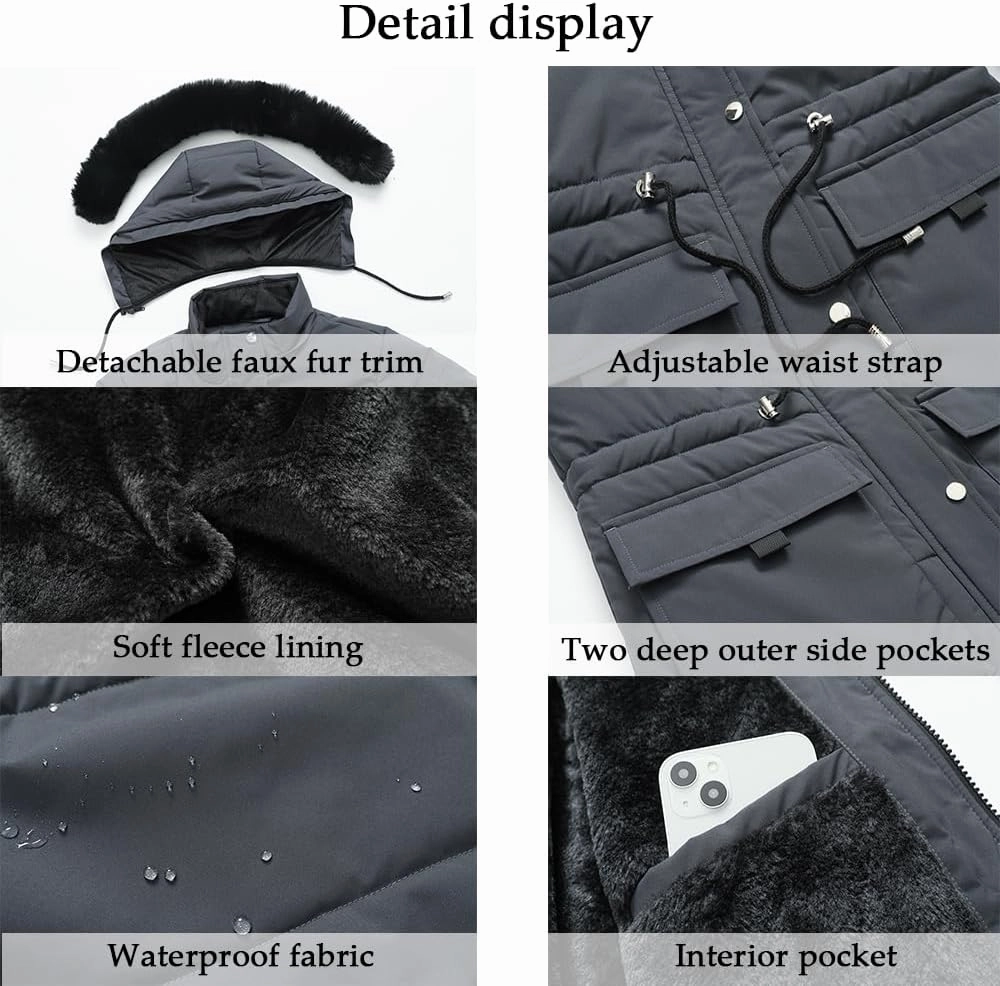 MOERDENG Women's Warm Winter Puffer Coat Thicken Fleece Lined Down Jacket Faux Fur Detachable Hood Snow Parka