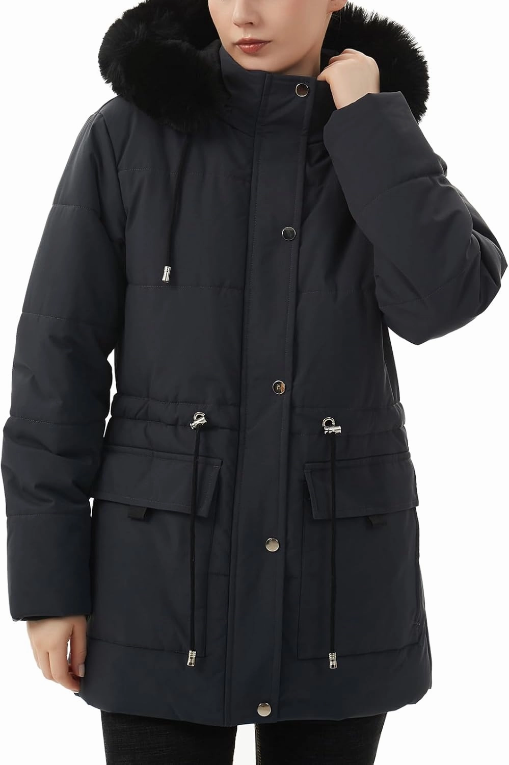 MOERDENG Women's Warm Winter Puffer Coat Thicken Fleece Lined Down Jacket Faux Fur Detachable Hood Snow Parka