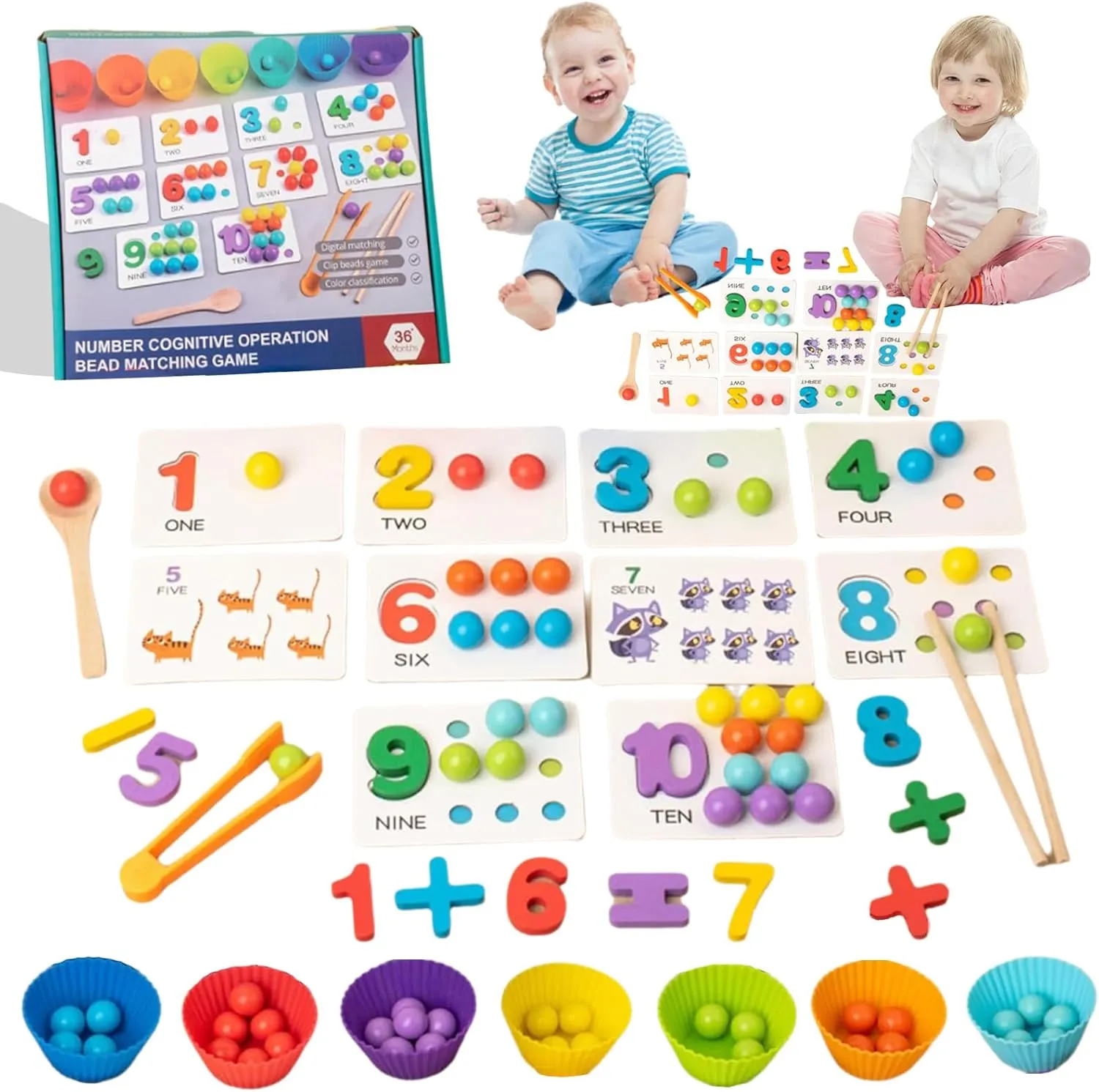 Montessori Arithmetic Math Toy Set - Beads, Chopsticks & Spoons, 2025 New Silicone Digital Learning with Beads, Montessori Toys, Number Blocks, Daily Number Match, Wooden Toy for Children Gifts (1PC)
