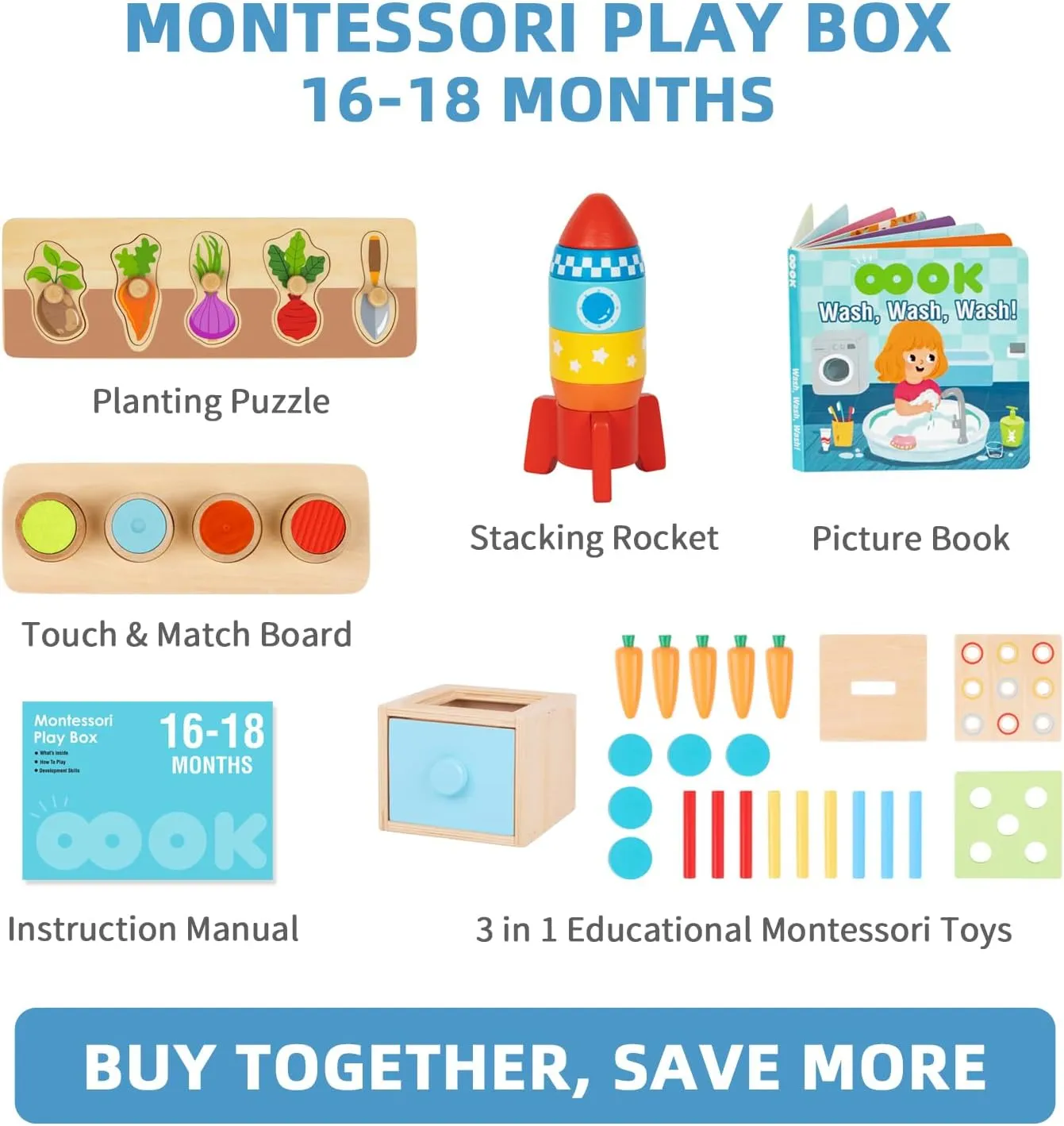 Montessori Educational Toys for 1 Year Old, 6 in 1 Learning Toys Set for Toddlers Wooden Toy Present (3-in-1 Edutational Box, Stacking Roctet Ship, Touch & Match Board, Picture Book and More)