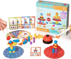 Montessori Wooden Educational Stacking Game Set, Cognitive Development Toy with Cards, Building Blocks for 3 4 5 Year Old STEM Preschool Learning Montessori Toys Gifts for Kids Boy Girl Toddler