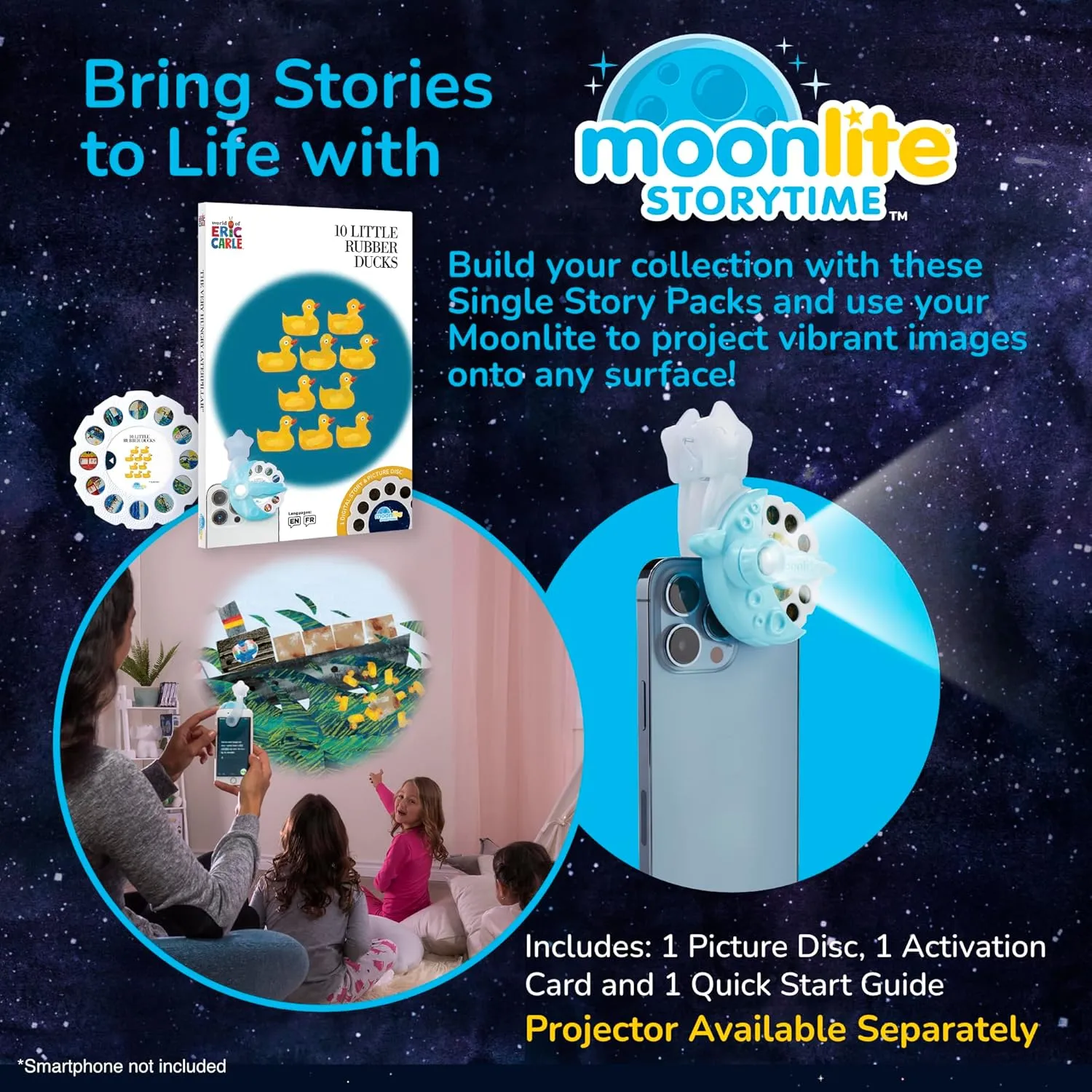 Moonlite Storytime - Eric Carle 10 Little Rubber Ducks Bedtime Story - A Magical Read Together - Projector Sold Separately - Digital Story w/ Sound FX - Learning Gifts for Kids Ages 1 Year & Up