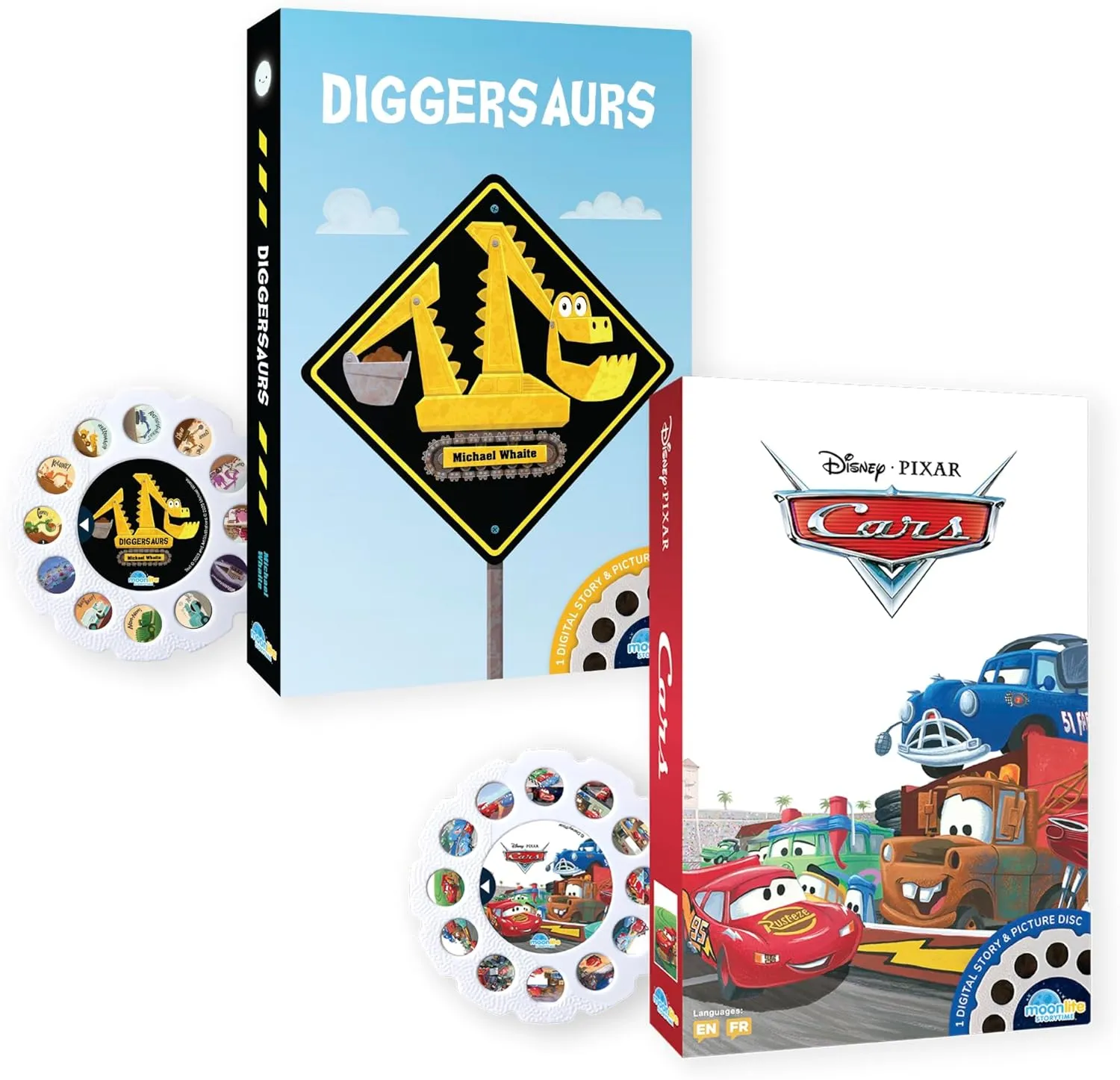 Moonlite Storytime Storybook Reels, 2 Story Set, Cars and Diggersaurs, Digital Stories for Projector, Toddler Early Learning Gifts for Kids Ages 1 Year and Up - Projector Sold Separately