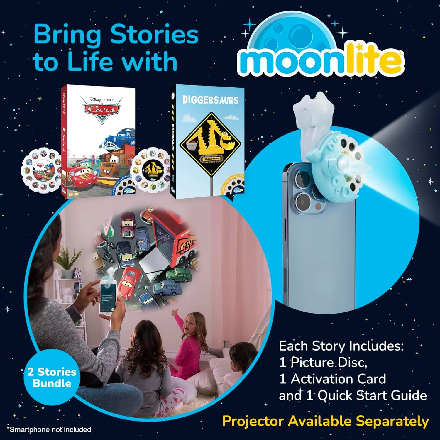 Moonlite Storytime Storybook Reels, 2 Story Set, Cars and Diggersaurs, Digital Stories for Projector, Toddler Early Learning Gifts for Kids Ages 1 Year and Up - Projector Sold Separately