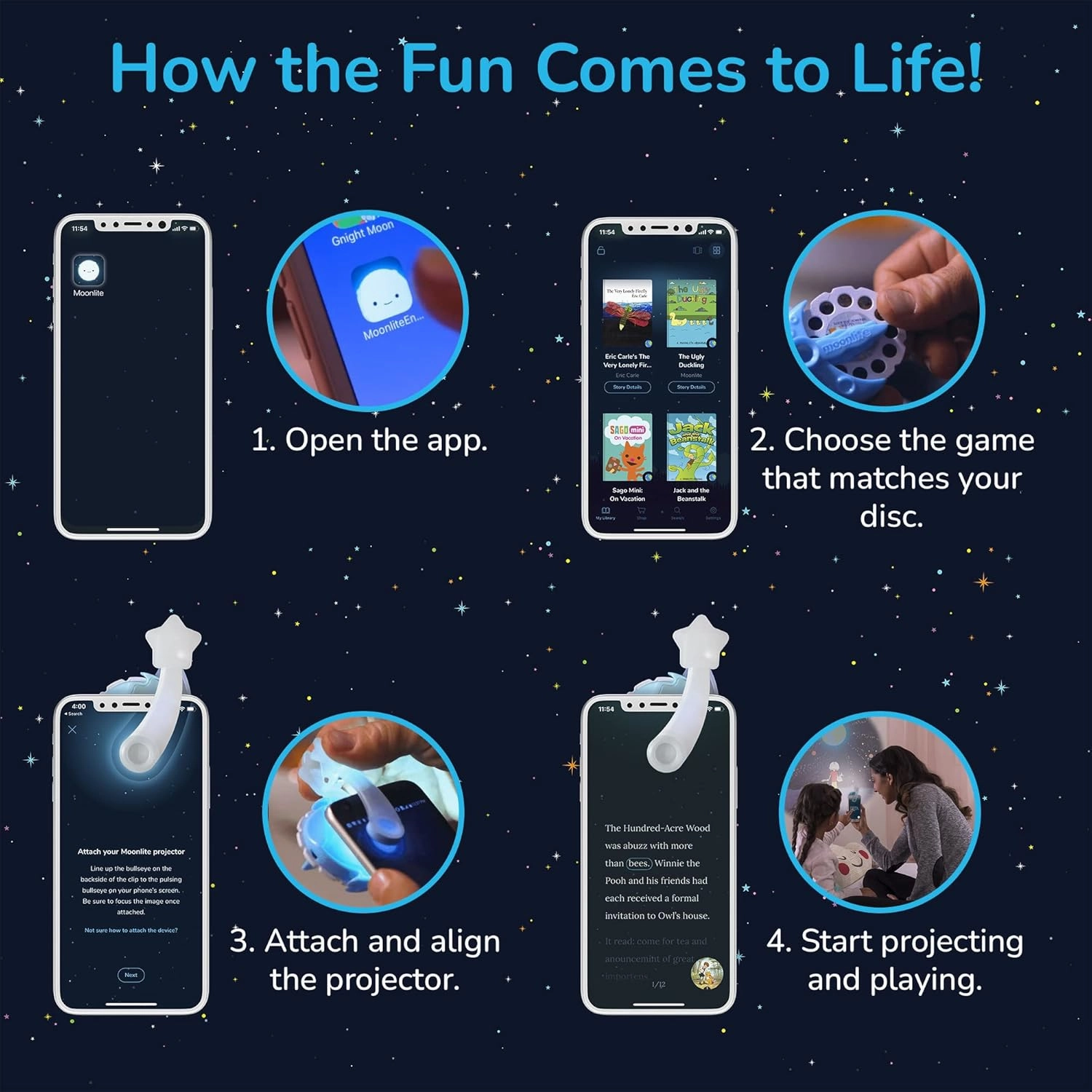 Moonlite Mini Projector with 5 Ryans World Games - A New Way to Play Together - 5 Digital Games with Light Projector - Ryan's World Gifts for Kids Ages 4 and Up