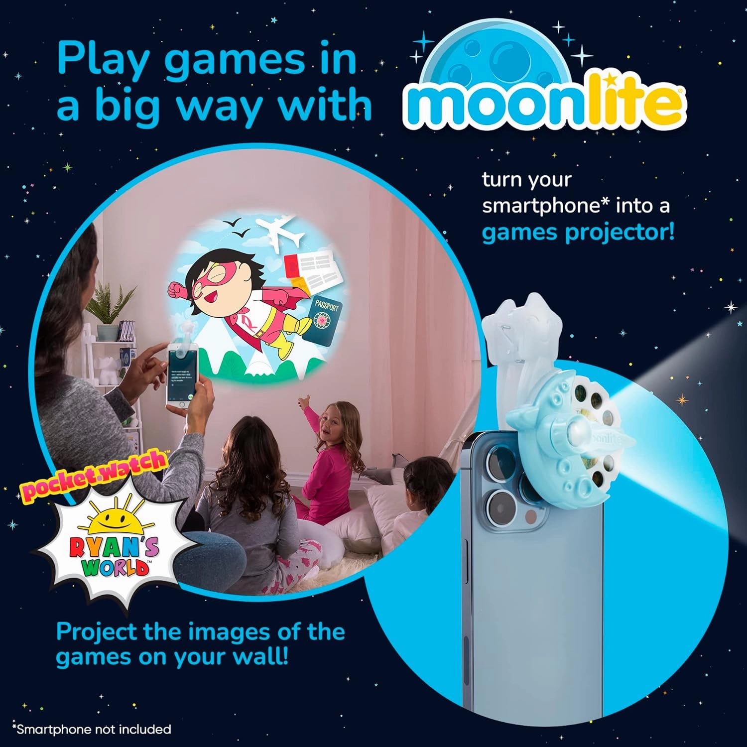 Moonlite Mini Projector with 5 Ryans World Games - A New Way to Play Together - 5 Digital Games with Light Projector - Ryan's World Gifts for Kids Ages 4 and Up