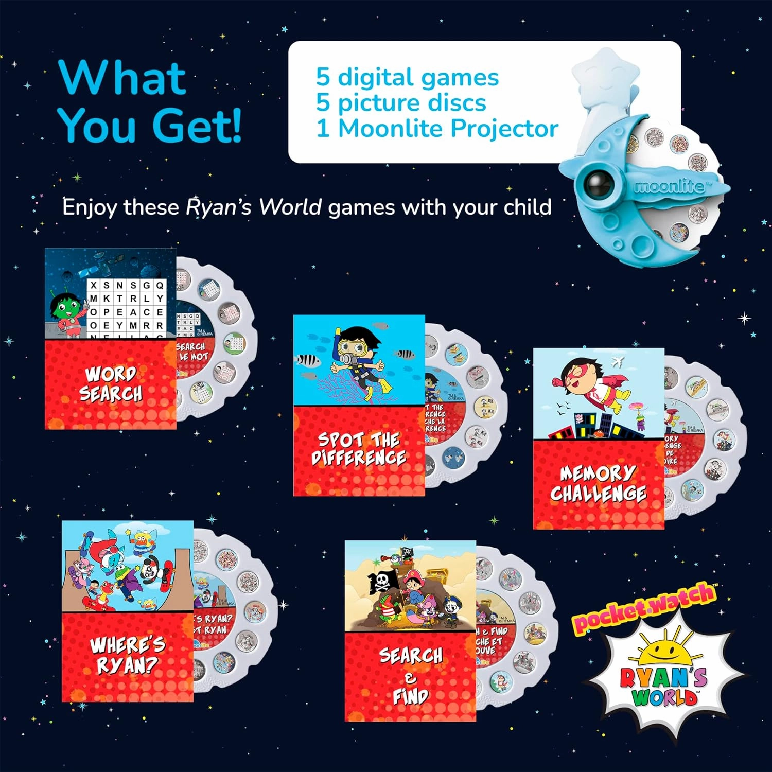 Moonlite Mini Projector with 5 Ryans World Games - A New Way to Play Together - 5 Digital Games with Light Projector - Ryan's World Gifts for Kids Ages 4 and Up