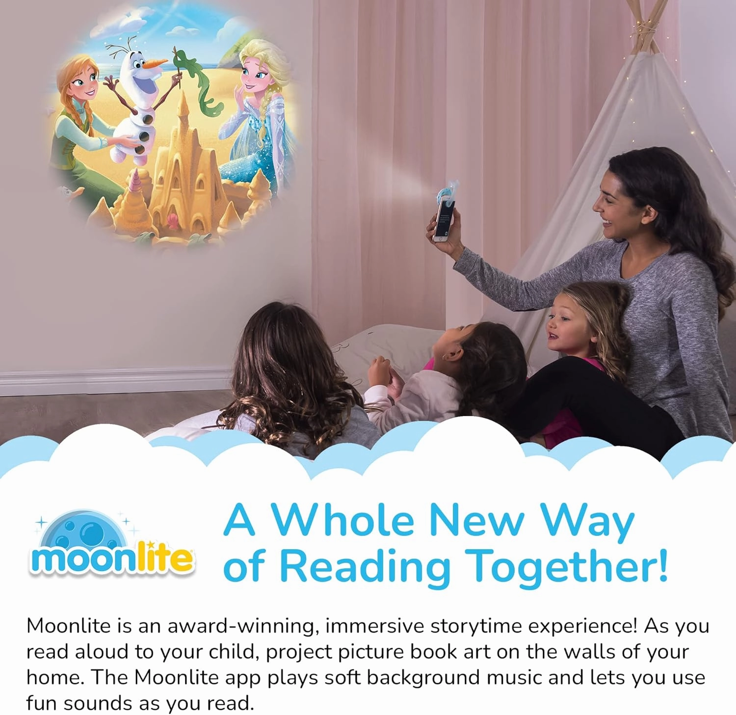 Moonlite Storytime Mini Projector with 4 Disney Frozen Stories, A Magical Way to Read Together, Digital Princess Storybooks, Fun Sound Effects, Learning Gifts for Kids Ages 1 and Up
