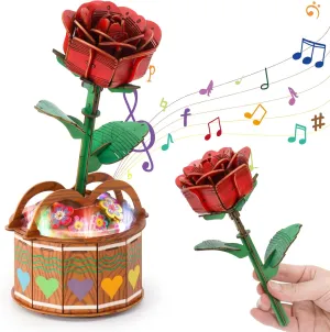 Mothers Gifts for Mom 3D Puzzles for Adults, DIY Wooden Flower Rose Botanicals Puzzle With Music Box Light, Craft Birthday Gift for Girls and Teen, Women, 3D Wooden Puzzles Plant for Teen and adult