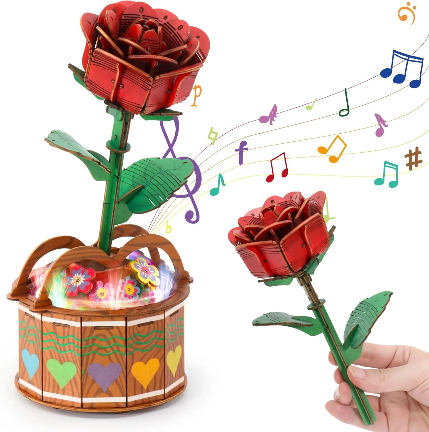 Mothers Gifts for Mom 3D Puzzles for Adults, DIY Wooden Flower Rose Botanicals Puzzle With Music Box Light, Craft Birthday Gift for Girls and Teen, Women, 3D Wooden Puzzles Plant for Teen and adult