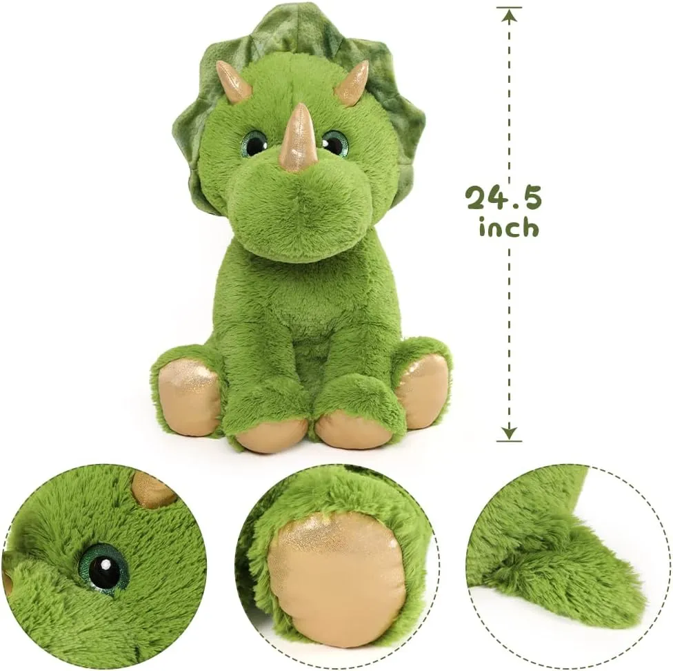 Muiteiur Triceratops Stuffed Animal Giant Dinosaur Stuffed Animal with 3 Little Baby Dinosaurs Green Triceratops Plush Toy Gift for Kids 24.5 inch