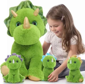 Muiteiur Triceratops Stuffed Animal Giant Dinosaur Stuffed Animal with 3 Little Baby Dinosaurs Green Triceratops Plush Toy Gift for Kids 24.5 inch