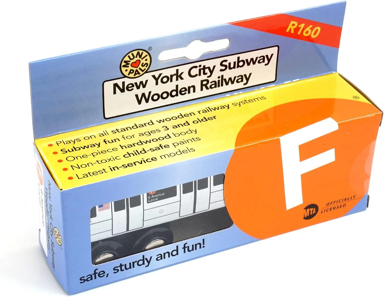 MUNI PALS Munipals New York City Subway Wooden Railway (B Division) F Train/6 Avenue Local–Child Safe and Tested Wood Toy Train