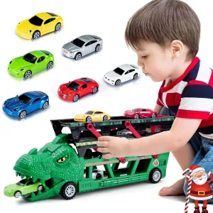 NMM Dinosaur Truck Toys with 6 Die-cast Alloy Race Cars for 3 4 5 6  Years Old Boys and Girls, Dinosaur Transport Carrier Truck with 4 Expandable Levels and Launcher, Christmas Birthday Gift for Kids