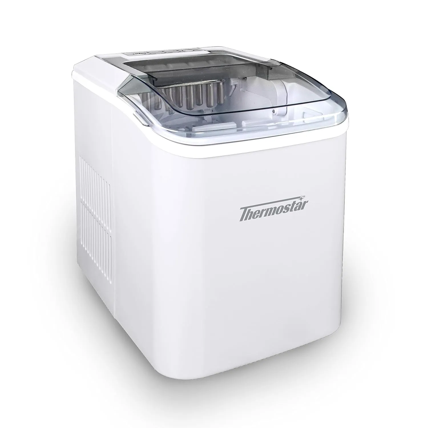 Nostalgia Thermostar Automatic Self-Cleaning Portable Electric Countertop Ice Maker Machine, 26 Pounds in 24 Hours, 9 Ice Cubes Ready in 7 Minutes, with Ice Scoop and Basket, White