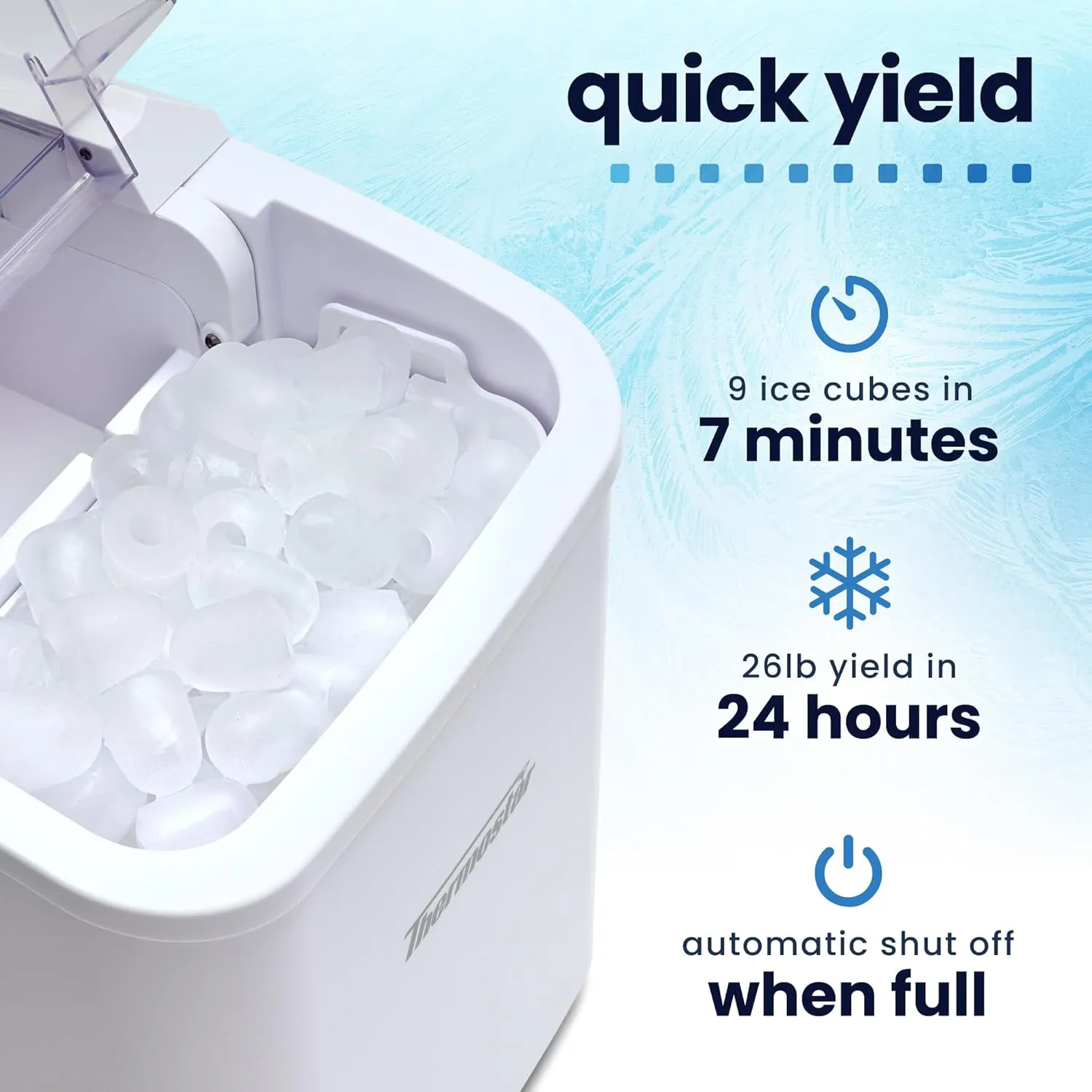 Nostalgia Thermostar Automatic Self-Cleaning Portable Electric Countertop Ice Maker Machine, 26 Pounds in 24 Hours, 9 Ice Cubes Ready in 7 Minutes, with Ice Scoop and Basket, White