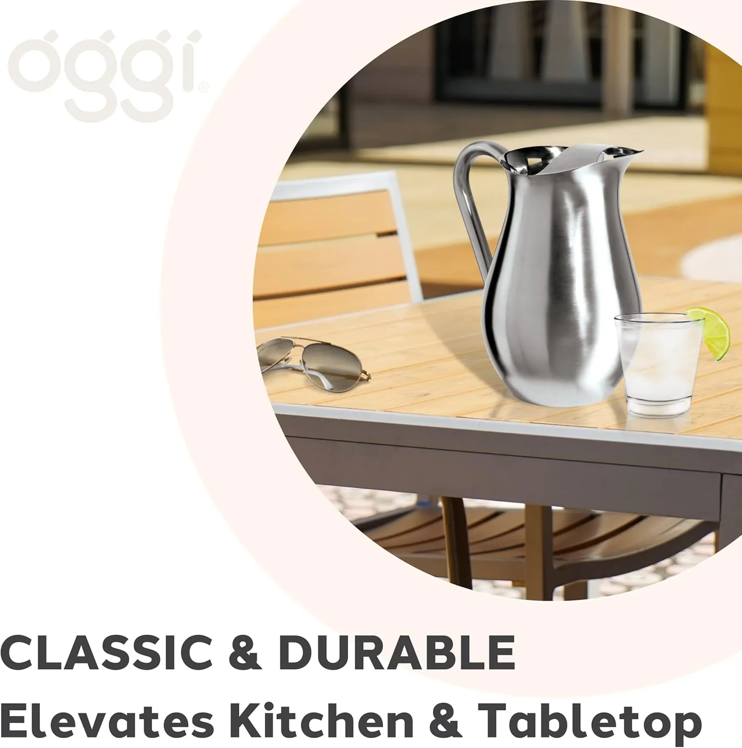 OGGI Stainless Steel Pitcher- Stainless Steel Water w/Ice Guard, Water Carafe, Great Metal Container for Entertaining, Ideal 68oz / 2 Lt Drink Pitcher