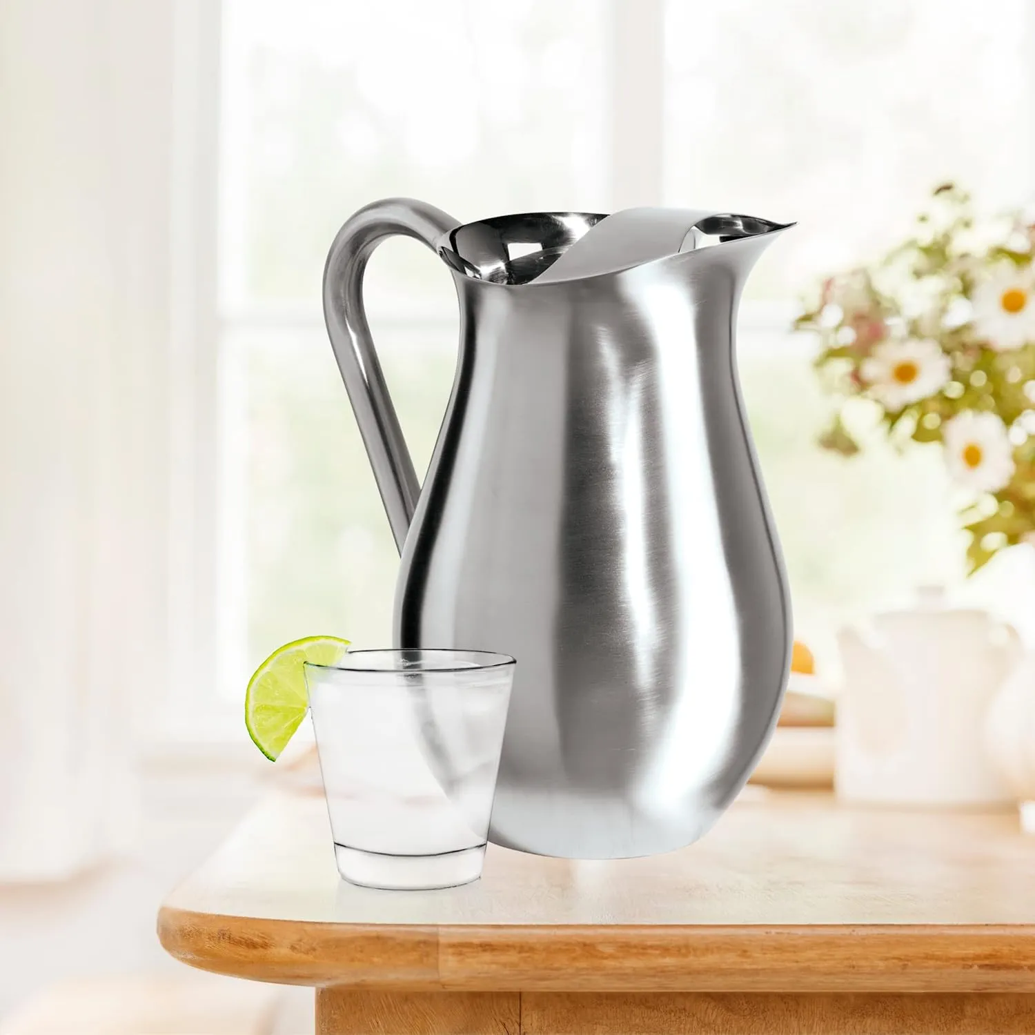 OGGI Stainless Steel Pitcher- Stainless Steel Water w/Ice Guard, Water Carafe, Great Metal Container for Entertaining, Ideal 68oz / 2 Lt Drink Pitcher