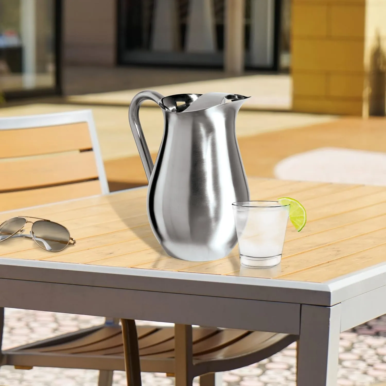 OGGI Stainless Steel Pitcher- Stainless Steel Water w/Ice Guard, Water Carafe, Great Metal Container for Entertaining, Ideal 68oz / 2 Lt Drink Pitcher