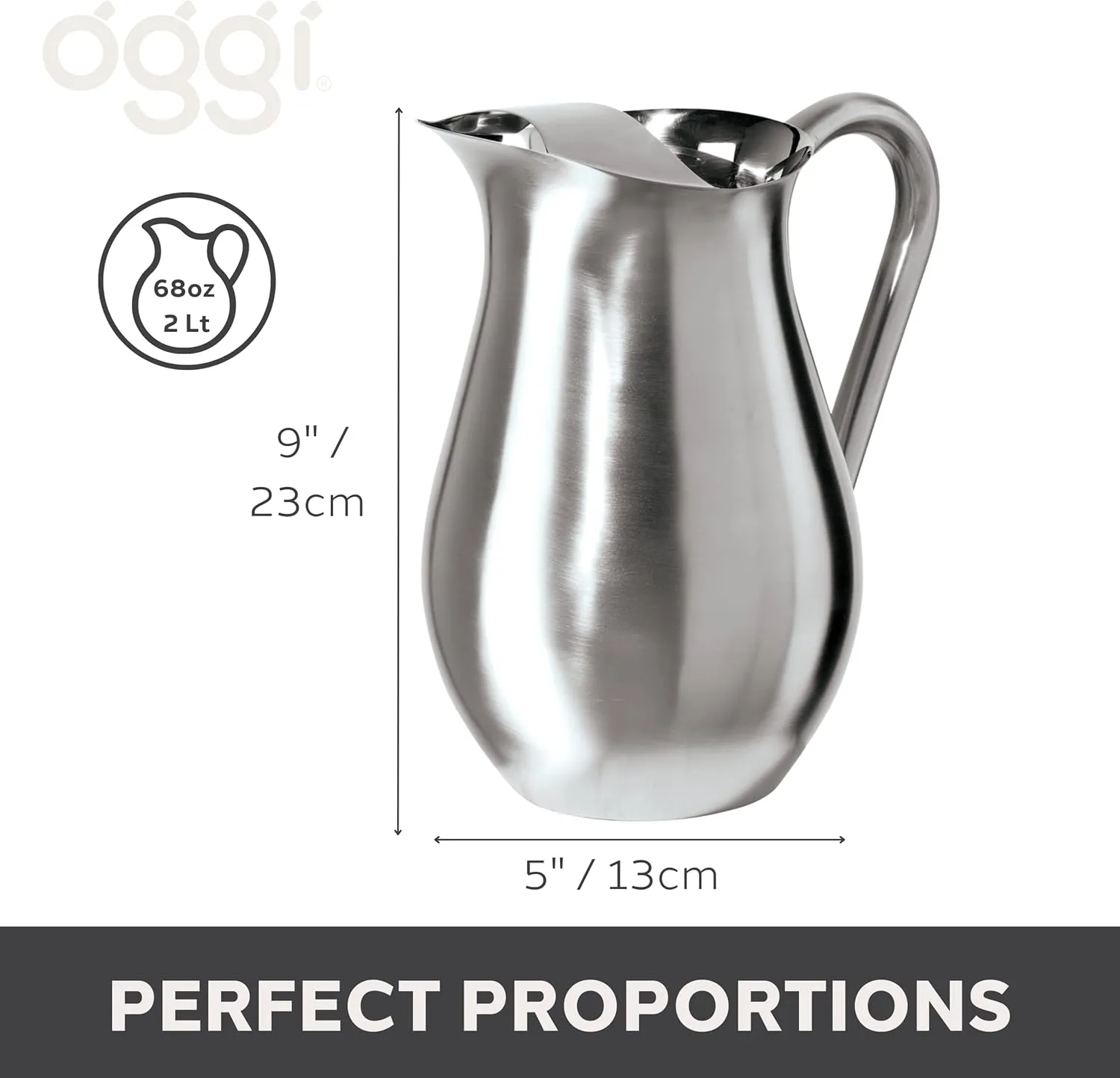 OGGI Stainless Steel Pitcher- Stainless Steel Water w/Ice Guard, Water Carafe, Great Metal Container for Entertaining, Ideal 68oz / 2 Lt Drink Pitcher