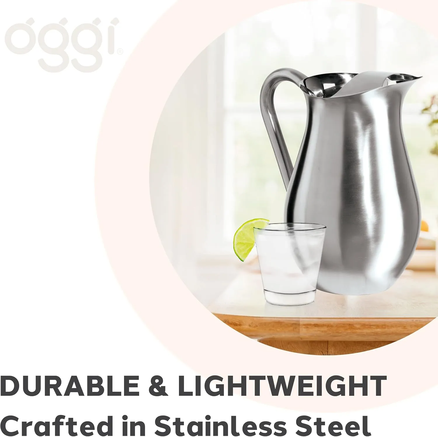 OGGI Stainless Steel Pitcher- Stainless Steel Water w/Ice Guard, Water Carafe, Great Metal Container for Entertaining, Ideal 68oz / 2 Lt Drink Pitcher