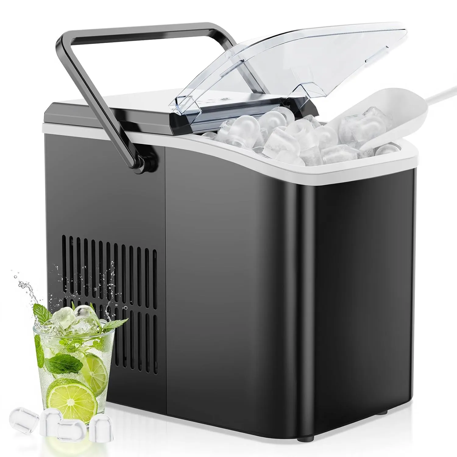 OLIXIS Nugget Ice Maker Machine with Handle,26lbs in 24Hrs,9 Ice Cubes in 6 Mins,Auto-Cleaning Portable Ice Maker with Basket and Scoop, Countertop Ice Maker for Home/Kitchen/Camping/RV, Black
