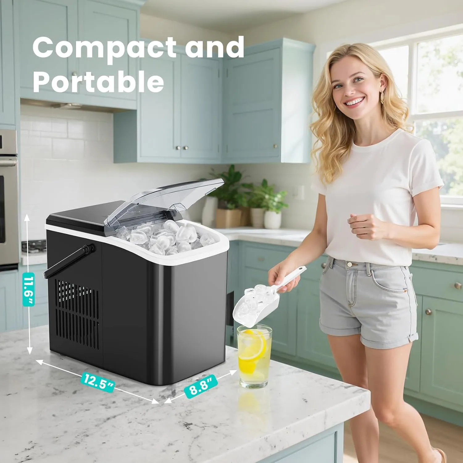 OLIXIS Nugget Ice Maker Machine with Handle,26lbs in 24Hrs,9 Ice Cubes in 6 Mins,Auto-Cleaning Portable Ice Maker with Basket and Scoop, Countertop Ice Maker for Home/Kitchen/Camping/RV, Black