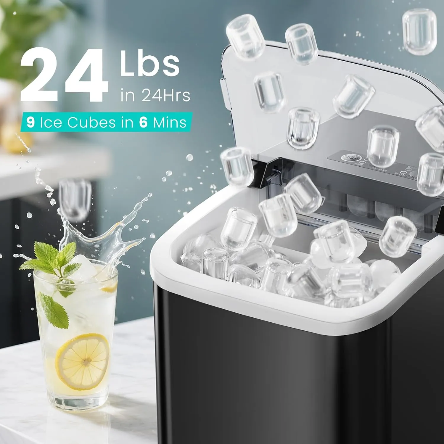OLIXIS Nugget Ice Maker Machine with Handle,26lbs in 24Hrs,9 Ice Cubes in 6 Mins,Auto-Cleaning Portable Ice Maker with Basket and Scoop, Countertop Ice Maker for Home/Kitchen/Camping/RV, Black