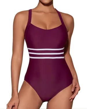 One Piece Swimsuit Women Tummy Control Color Block Stripes Bathing Suit Full Coverage Swimwear Adjustable Straps