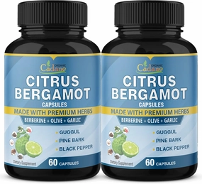 Organic Cadane 2 Packs Citrus Bergamot Extract Capsules with Berberine, Olive, Guggul, Garlic, Pine Bark, Black Pepper | 4 Months Supply