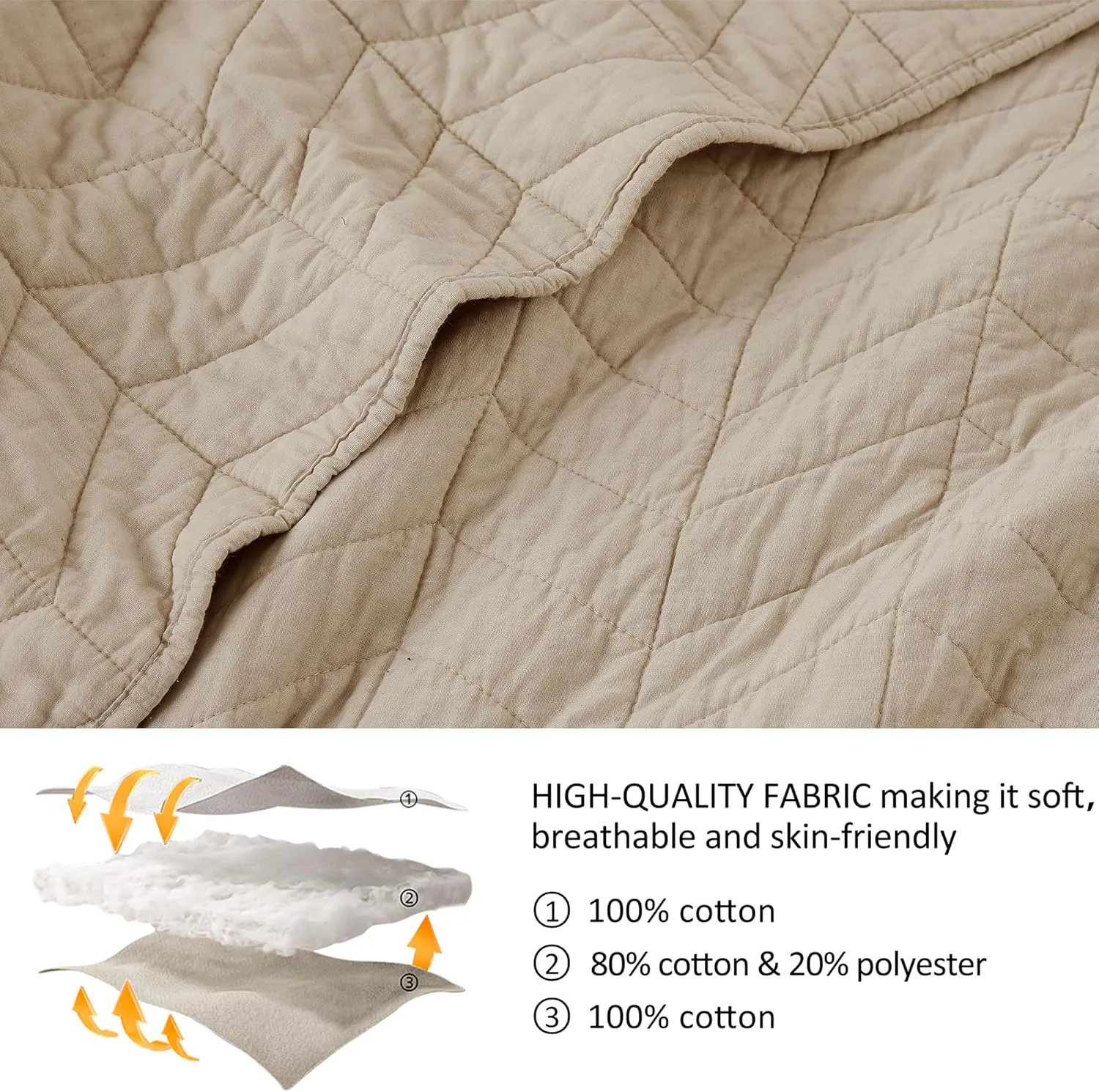 palassio Dark Beige Cotton Quilt Queen Size Bedding Sets with Pillow Shams, Lightweight Soft Bedspread Coverlet, Quilted Comforter Bed Cover for All Season, 3 Pieces, 90x96 inches