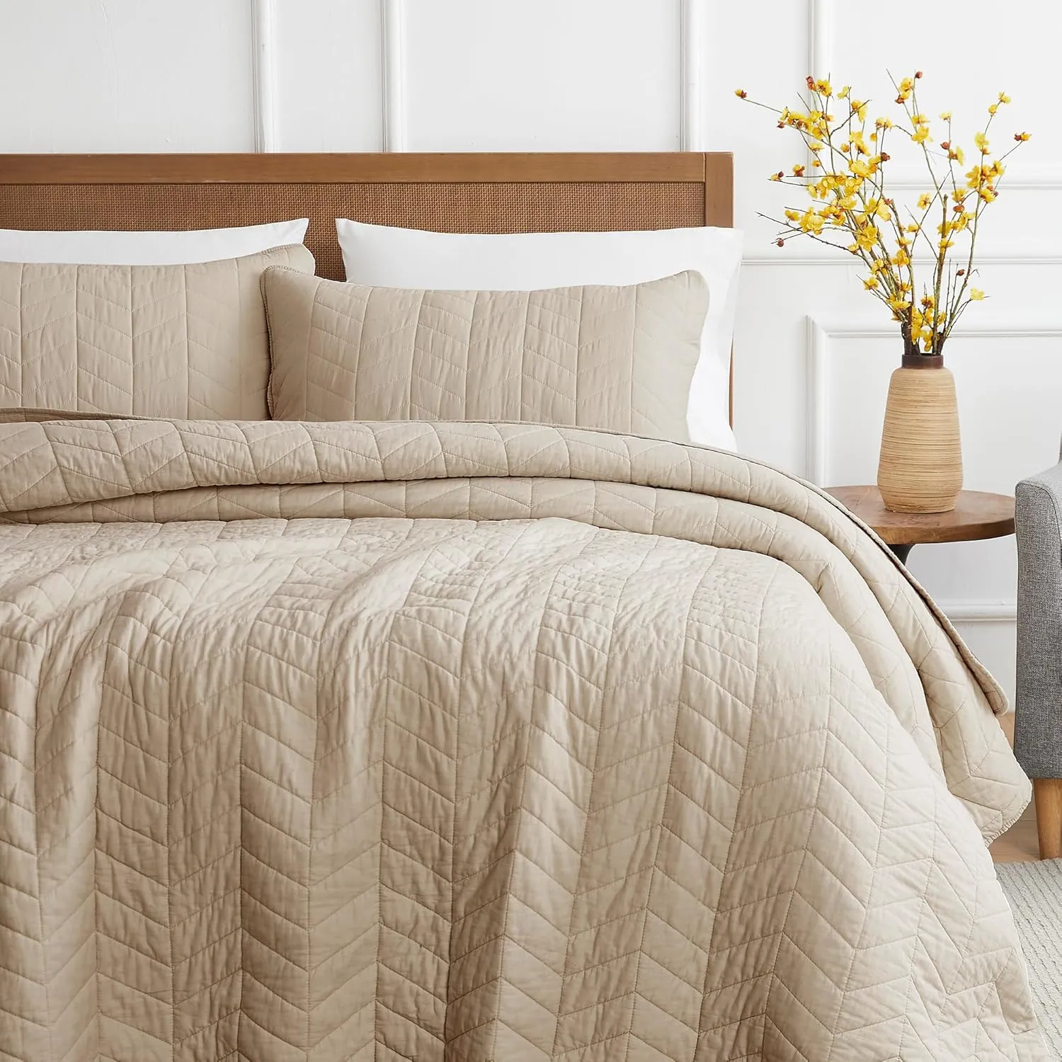 palassio Dark Beige Cotton Quilt Queen Size Bedding Sets with Pillow Shams, Lightweight Soft Bedspread Coverlet, Quilted Comforter Bed Cover for All Season, 3 Pieces, 90x96 inches