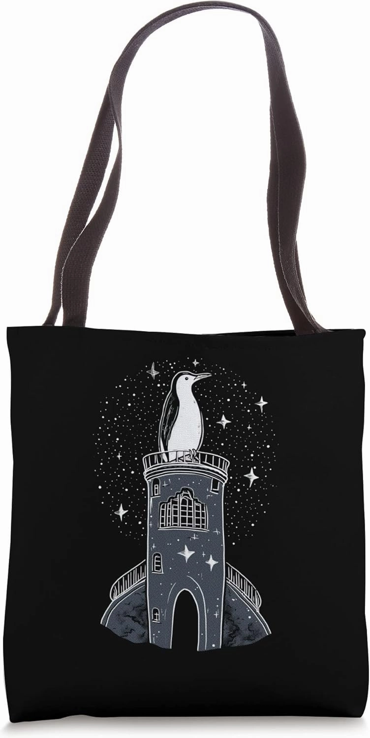 Penguin King, Sitting in his Tower with a Starry Night Sky Tote Bag
