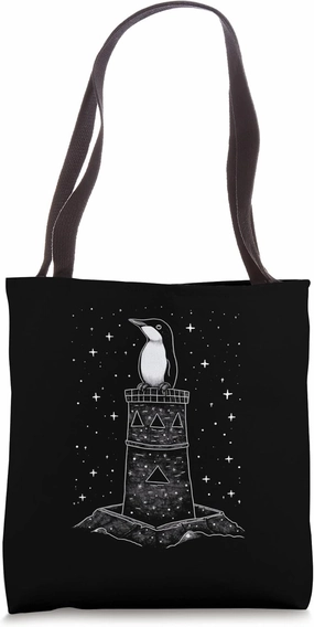 Penguin King, Sitting in his Tower with a Starry Night Sky Tote Bag