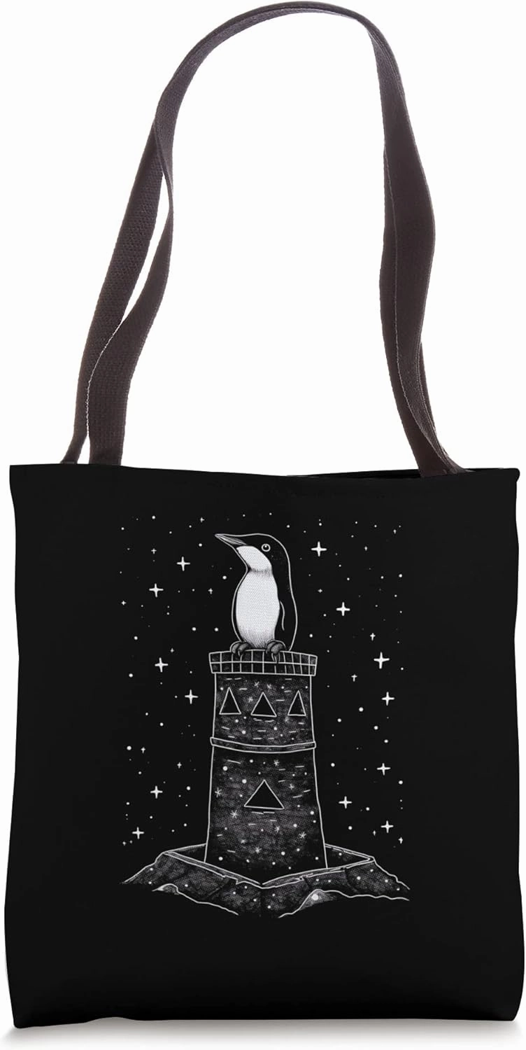 Penguin King, Sitting in his Tower with a Starry Night Sky Tote Bag
