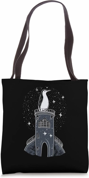 Penguin King, Sitting in his Tower with a Starry Night Sky Tote Bag