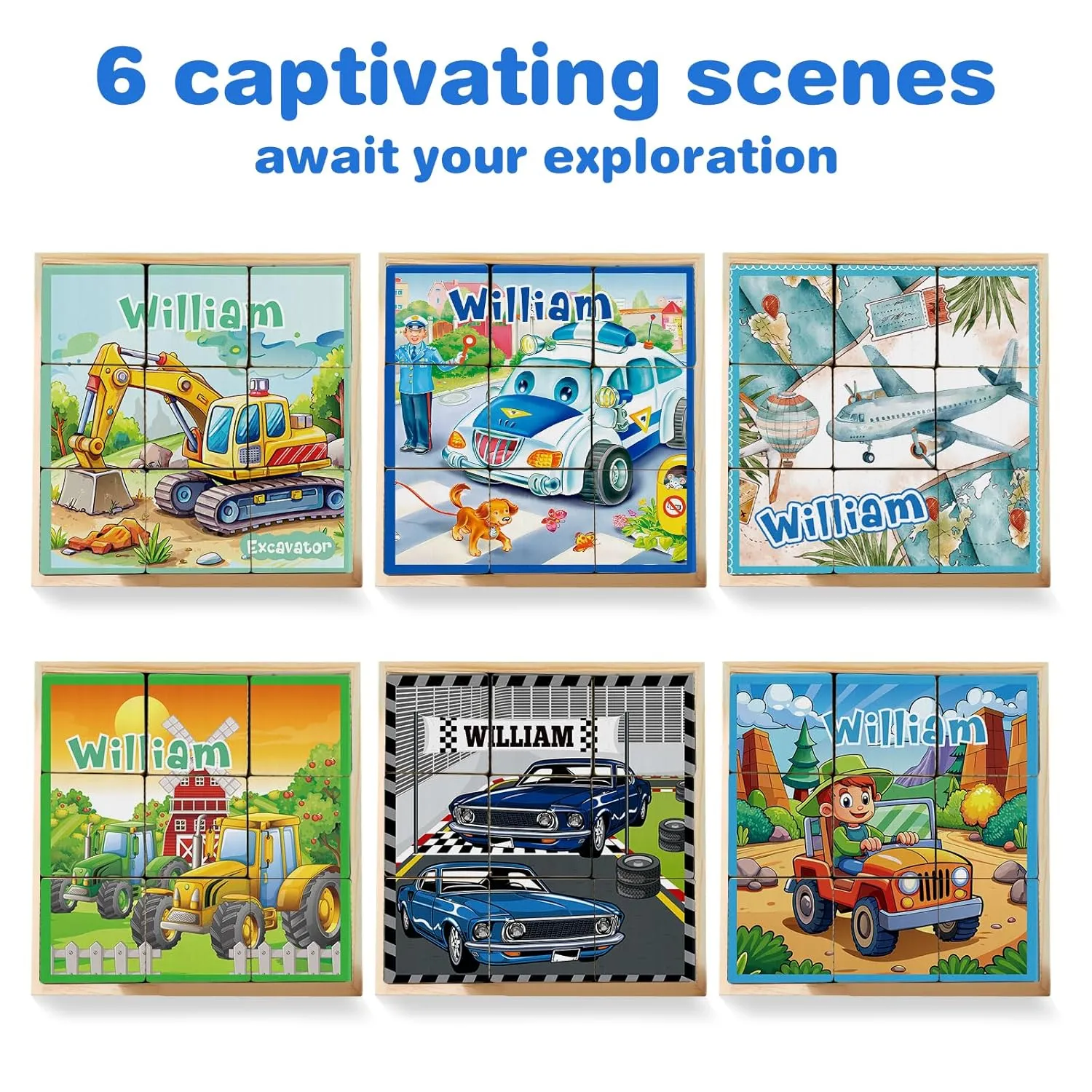 Personalized Name Wooden Cube Puzzles for Toddler Boys 2-4 Years Custom 6 Puzzles in 1 Cars Puzzles for Preschool Kids 9 PCS Puzzle with Storage Tray