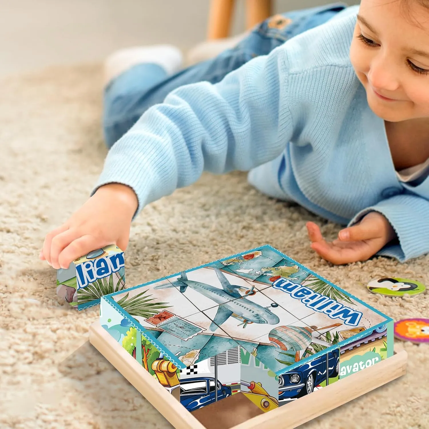Personalized Name Wooden Cube Puzzles for Toddler Boys 2-4 Years Custom 6 Puzzles in 1 Cars Puzzles for Preschool Kids 9 PCS Puzzle with Storage Tray