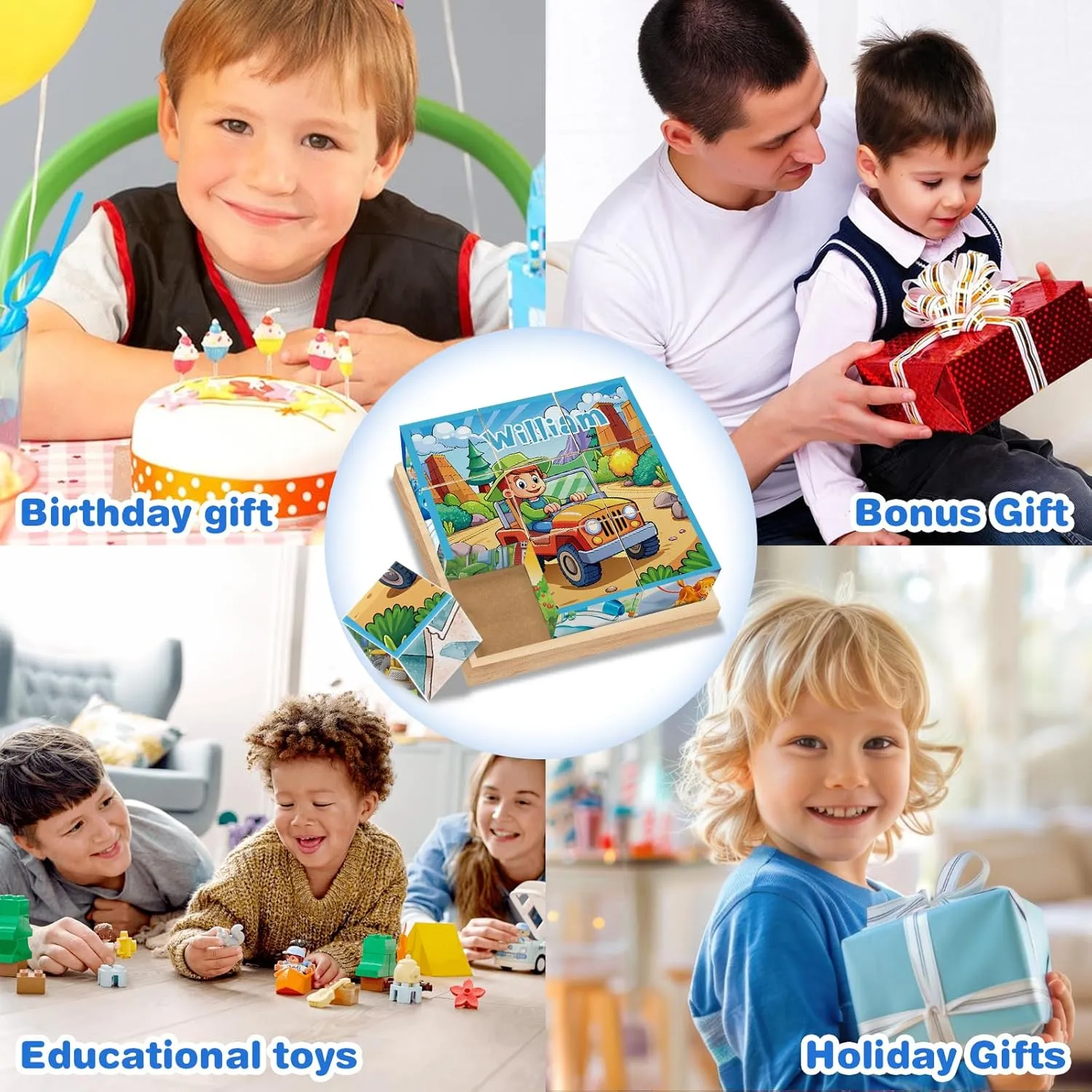 Personalized Name Wooden Cube Puzzles for Toddler Boys 2-4 Years Custom 6 Puzzles in 1 Cars Puzzles for Preschool Kids 9 PCS Puzzle with Storage Tray