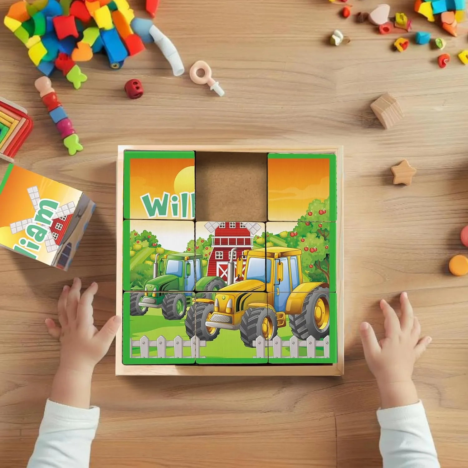 Personalized Name Wooden Cube Puzzles for Toddler Boys 2-4 Years Custom 6 Puzzles in 1 Cars Puzzles for Preschool Kids 9 PCS Puzzle with Storage Tray