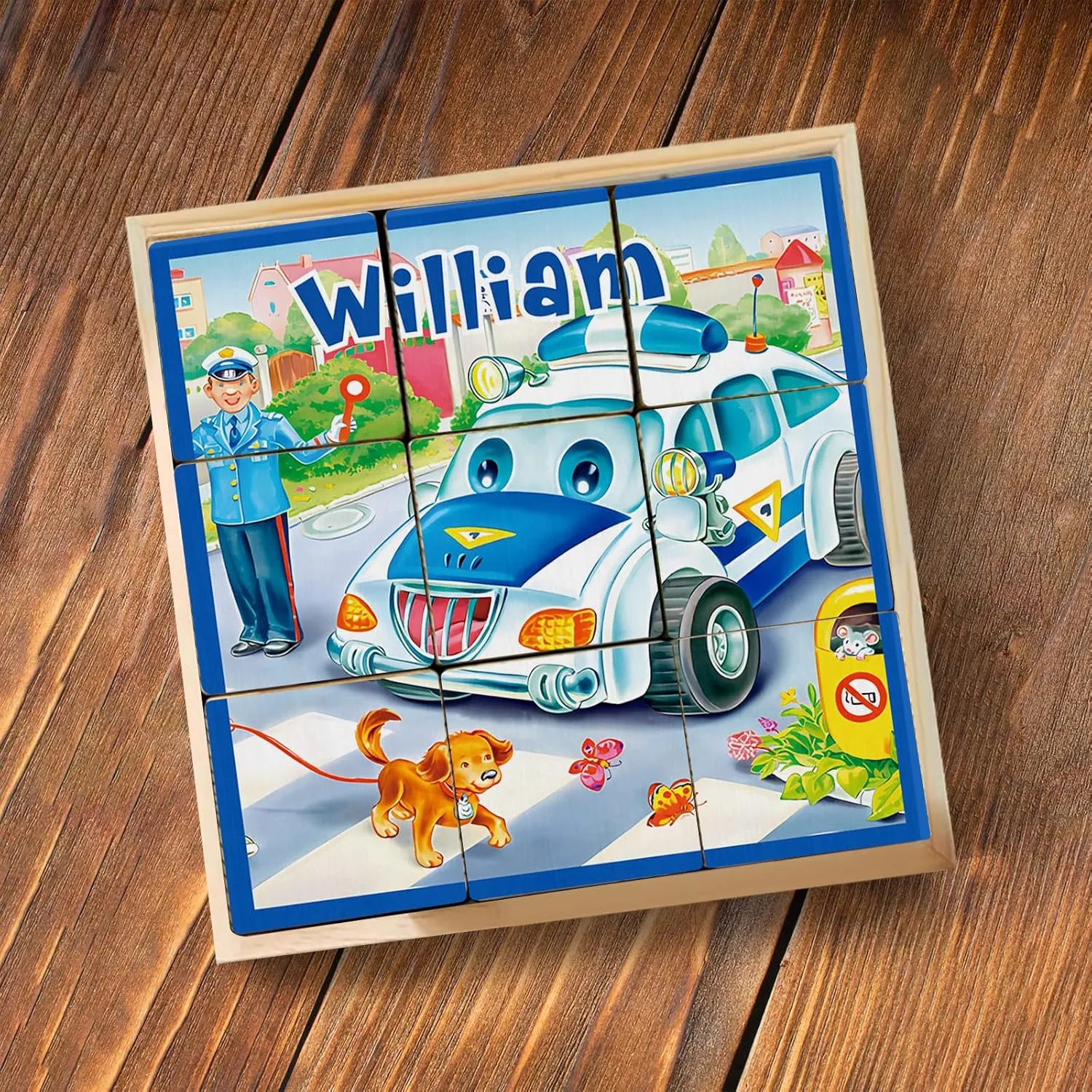 Personalized Name Wooden Cube Puzzles for Toddler Boys 2-4 Years Custom 6 Puzzles in 1 Cars Puzzles for Preschool Kids 9 PCS Puzzle with Storage Tray