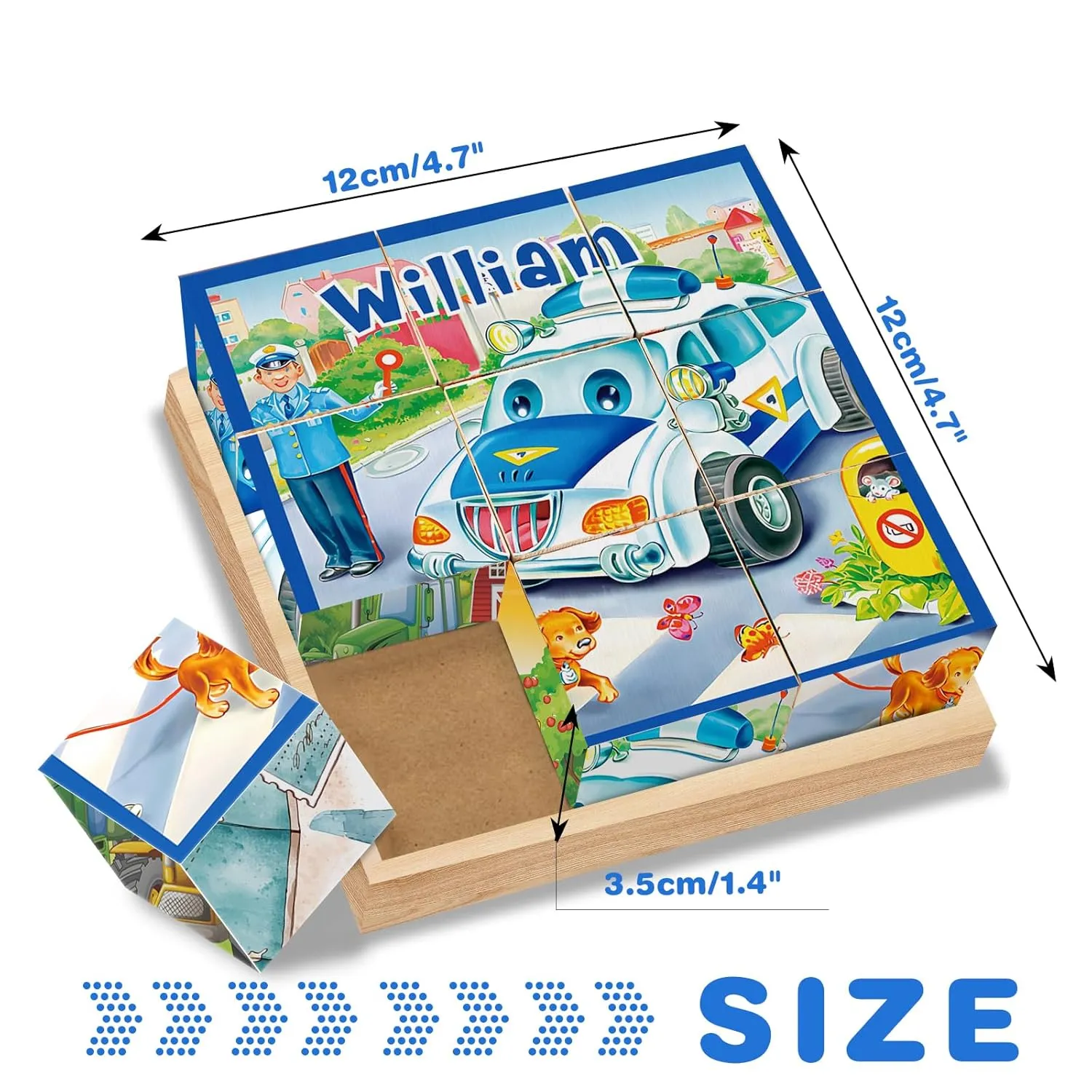 Personalized Name Wooden Cube Puzzles for Toddler Boys 2-4 Years Custom 6 Puzzles in 1 Cars Puzzles for Preschool Kids 9 PCS Puzzle with Storage Tray