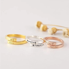 Personalized Pet Name Ring - 925 Sterling Silver, 18K Gold Plated, Dog or Cat Lover Gift, Pet Loss Sympathy Gift