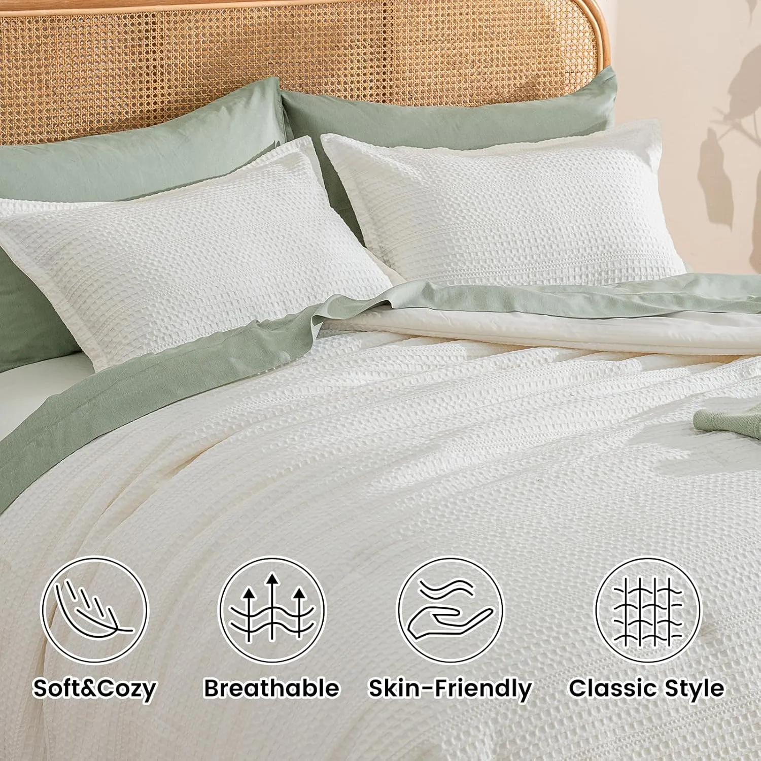 PHF Soft Waffle Comforter Set Queen Size- Comfy Breathable Waffle Weave Comforter with 2 Pillow Shams, 3 Pieces No Snagging Lightweight Bedding Set for All Season, Cream