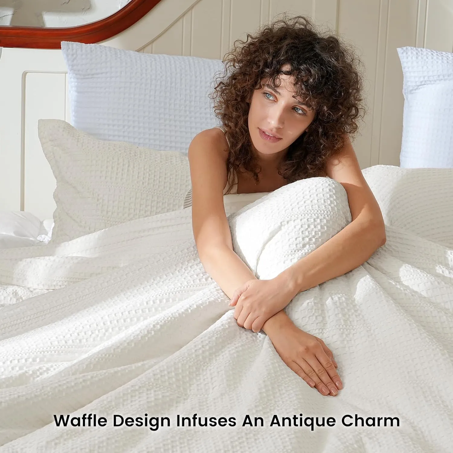 PHF Soft Waffle Comforter Set Queen Size- Comfy Breathable Waffle Weave Comforter with 2 Pillow Shams, 3 Pieces No Snagging Lightweight Bedding Set for All Season, Cream