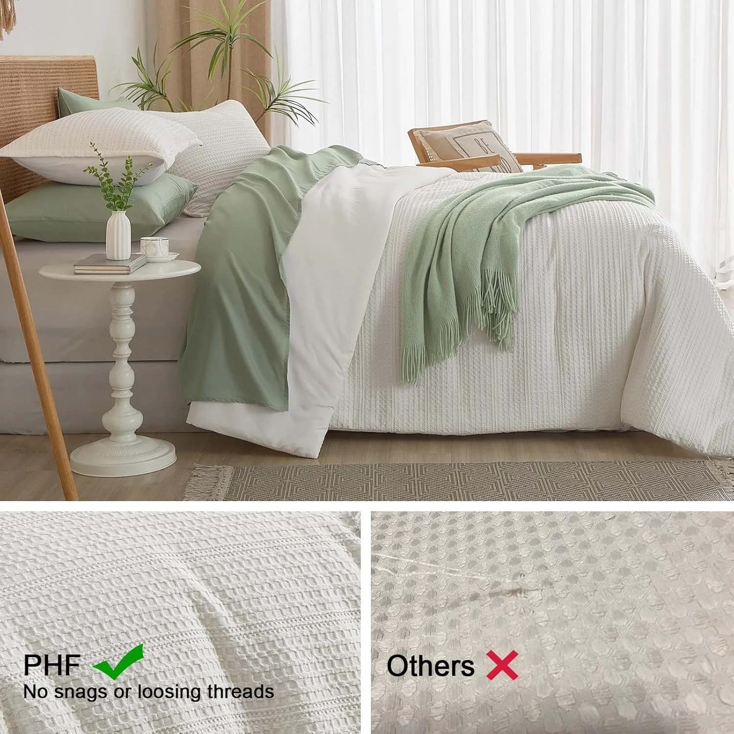 PHF Soft Waffle Comforter Set Queen Size- Comfy Breathable Waffle Weave Comforter with 2 Pillow Shams, 3 Pieces No Snagging Lightweight Bedding Set for All Season, Cream