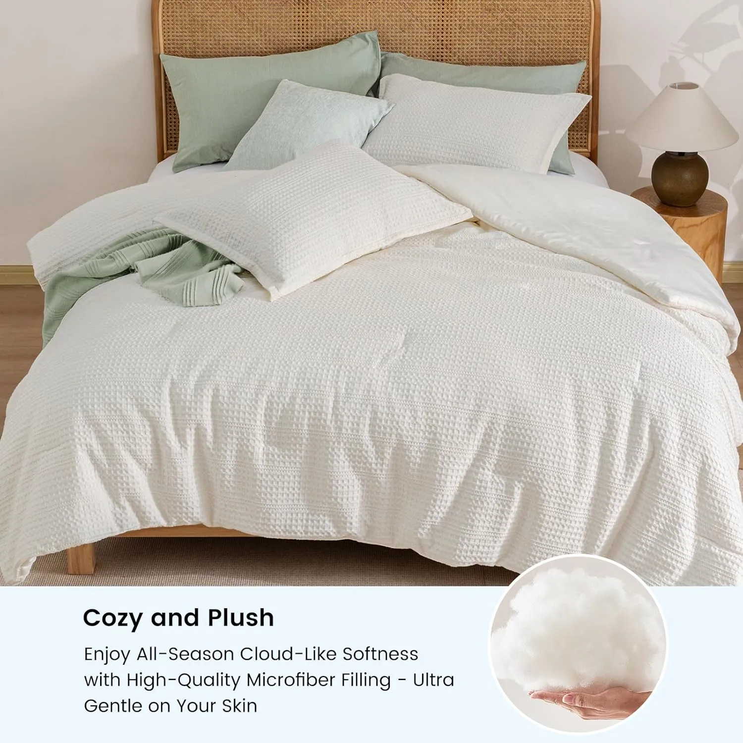 PHF Soft Waffle Comforter Set Queen Size- Comfy Breathable Waffle Weave Comforter with 2 Pillow Shams, 3 Pieces No Snagging Lightweight Bedding Set for All Season, Cream